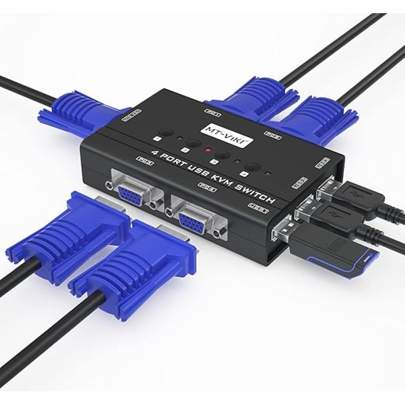 MT-VIKI VGA KVM Switch 4 Port VGA KVM Switch for Keyboard Mouse USB Speaker with KVM Cable PC to One Monitor (4 Port)