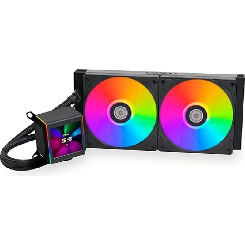 Lian Li Galahad LCD AIO CPU Cooler, High Performance ARGB Fan, LCD Screen, 45 Degree Ports, 8th Gen Asetek Pump, 280mm Black