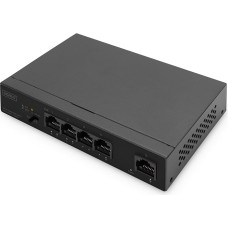 DIGITUS PoE tinklo komutatorius - 5 prievadai - Gigabit Ethernet - nevaldomas - 4x RJ45 PoE prievadai + 1x RJ45 Uplink - 60W PoE biudžetas - CCTV režimas - 10/100/1000 Mbps - juodas