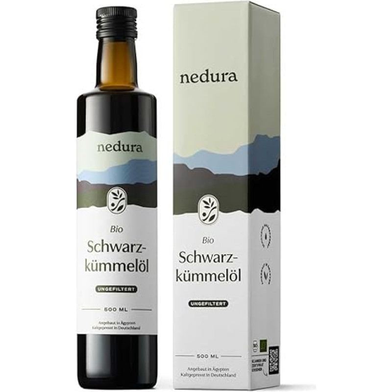 nedura® Juodųjų kmynų aliejus, ekologiškas šalto spaudimo (nefiltruotas), 500 ml - su dideliu timochinono kiekiu, sertifikuotas kaip ekologiškas ir 100 % grynas - kasdien šviežias ir švelniai spaustas - tiesiai iš gamyklos