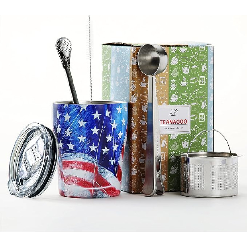 TEANAGOO Travel Tea Mugs with Infuser and Lid, 18/8 Stainless Steel, Double Wall Vacuum, P2, US Flag, for Loose Leaf Tea, as Mate Cup (Yerba Mate Gourd) Bobilla Mate, 6 Pcs/Set, Mate Gourd Bombilla Set