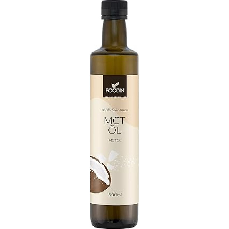 FOODIN MCT 100% kokosų aliejus Vidutinės grandinės trigliceridų (MCT) aliejus, pagamintas iš augintų kokosų, 100% be glitimo ir veganiškas, 500 ml, idealiai tinka ketogeninei dietai