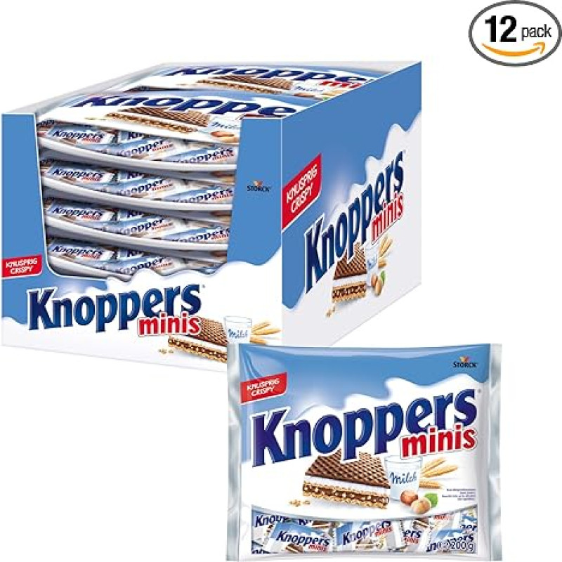 Knoppers minis – 12 x 200 g – Filled Waffle Slices with Milk Cream and Nougat Cream Filling