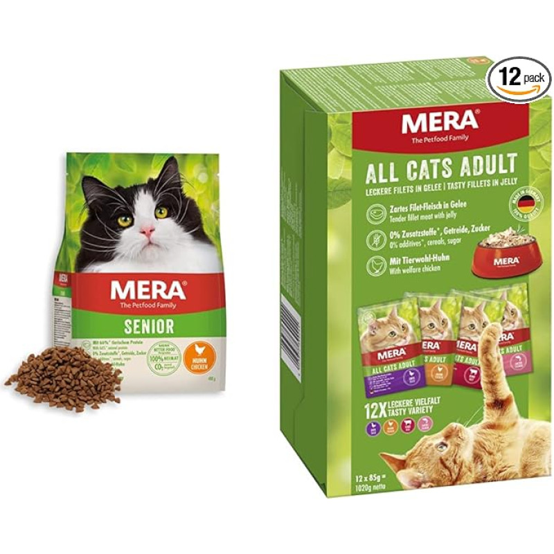 MERA Cats Senior Chicken, Dry Food for Sensitive Cats, Grain-Free & Sustainable, 2 kg & Cats Adult Wet Food Multibox, for Adult Cats, Chicken, Beef, Duck and Salmon, 12 x 85 g