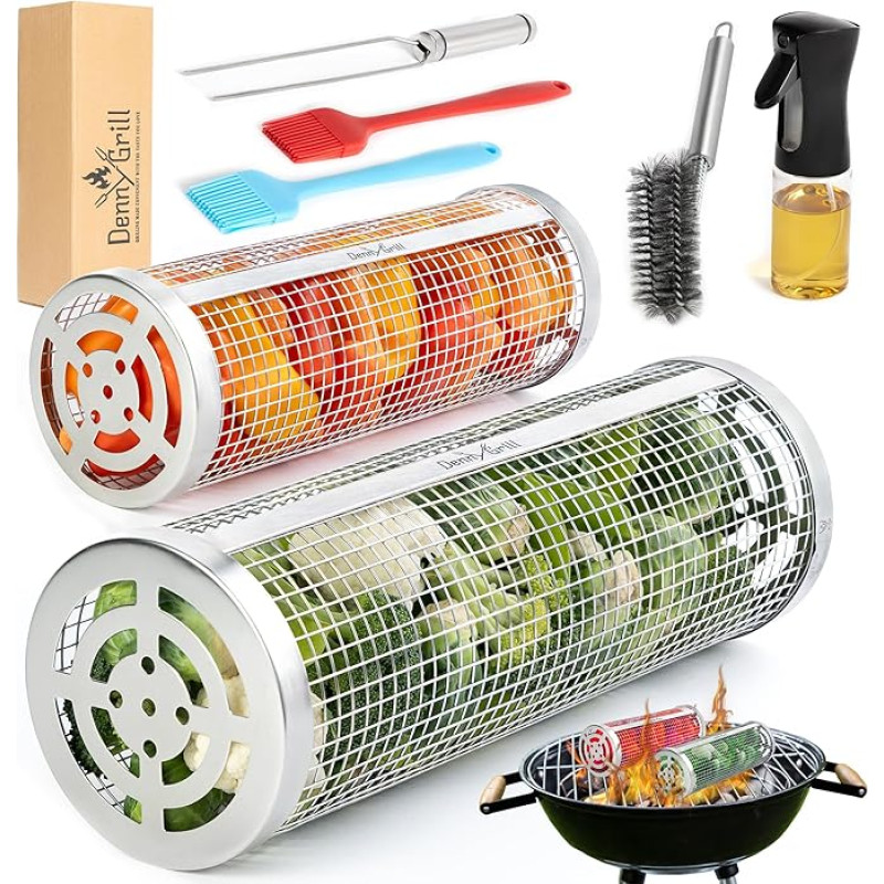 Denny Grill Outdoor Baskets (Pack of 2, 2024 Upgraded) - Rolling Grill, 360 Cylinder Accessories for Cooking Vegetables, Fish, Meat, BBQ Outdoor - 304 Stainless Steel Basket, Cool Gift for Men
