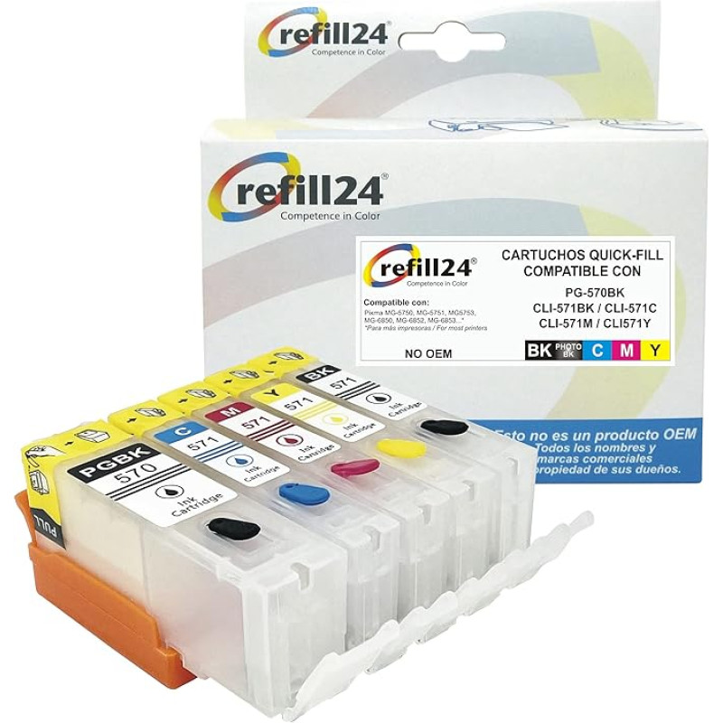 refill24 Refillable Cartridges with Auto Reset Chips Compatible with Canon PGI-570 + CLI-571 for Pixma MG5750 MG5751 MG5752 MG5753 MG6850 MG6851 MG6852 MG6853 TS5055 TS6050 TS6055 1 TS601126 UK