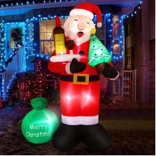 Alupssuc 8ft Santa Claus Holding Red Wine, Inflatable Decoration with Integrated LED Light, Suitable for Christmas Party Decoration, Suitable for Lawn, Garden Outdoor