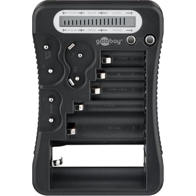 goobay 72511 Skaitmeninis baterijų, akumuliatorių ir mygtukinių elementų testeris, LCD baterijų testeris, baterijų ir akumuliatorių testeris, AA, AAA, 9V, C, D, CR2032