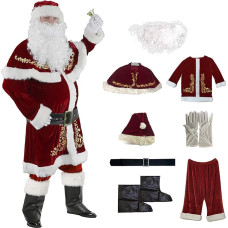 8 dalių Kalėdų Senelio kostiumas Suaugusiųjų vyrų prabangus raudonasis Kalėdų Senelio kostiumų rinkinys Santa Claus Cosplay Kalėdų Senelio apranga