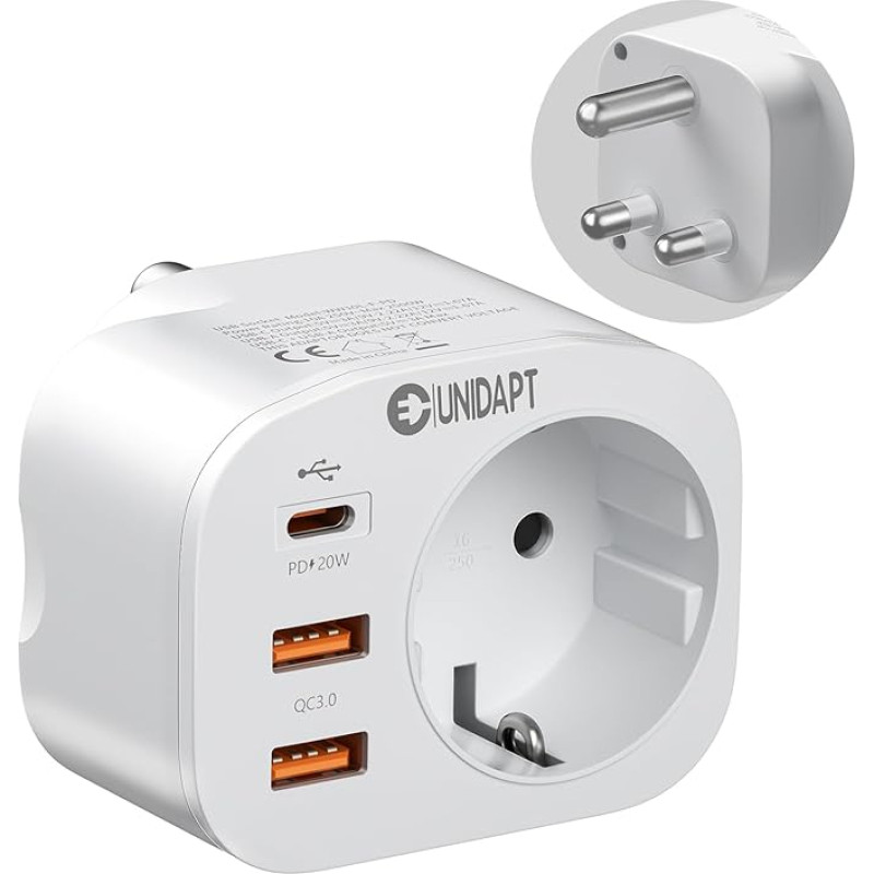 Unidapt Germany to South Africa Adapter, Travel Adapter Type M with 3 USB and 1 USB C 20 W PD, Socket Adapter for South Africa Namibia, Lesotho, Mozambique