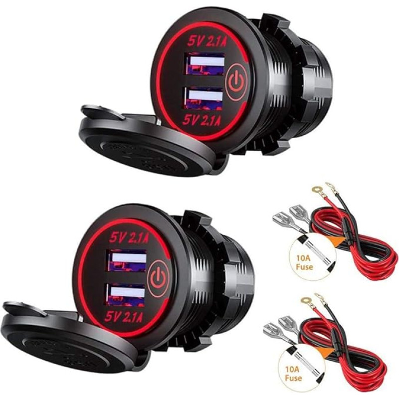 Thlevel Car USB Charger Car Socket 5 V 4.2 A Quick Charge with LED Display Waterproof and Dustproof for 12 V to 24 V Vehicles Boat Motorcycle SUV Bus Truck Caravan Marine Red Pack of 2