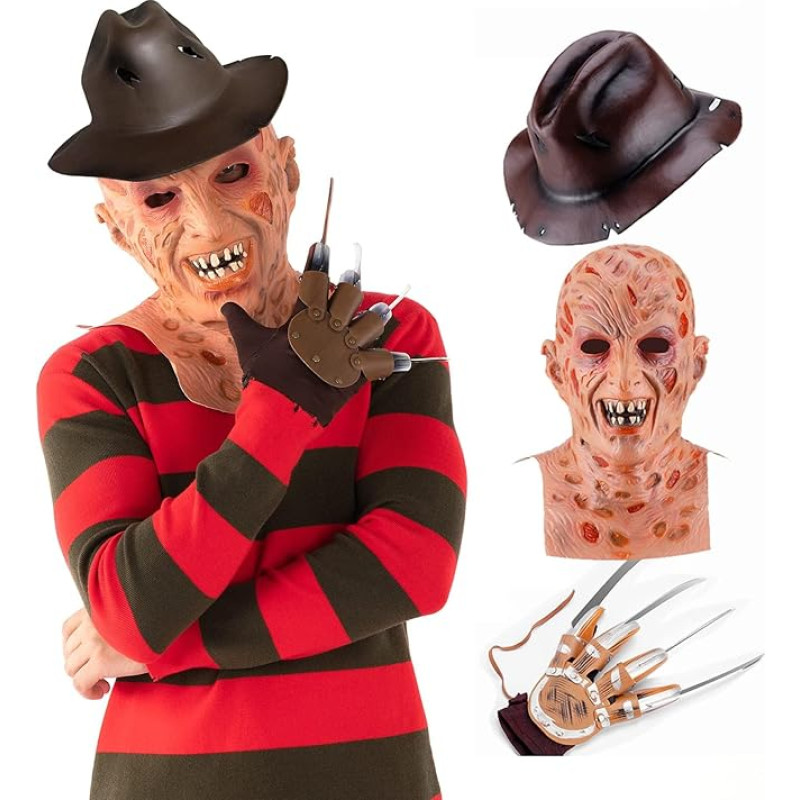 Yearsahrk Freddy Krueger kostiumas 4 dalių košmaras kostiumas Dryžuotas megztinis Baisi kaukė Pirštinės su nagais Kaubojaus skrybėlė Helovinas Cosplay suaugusiems