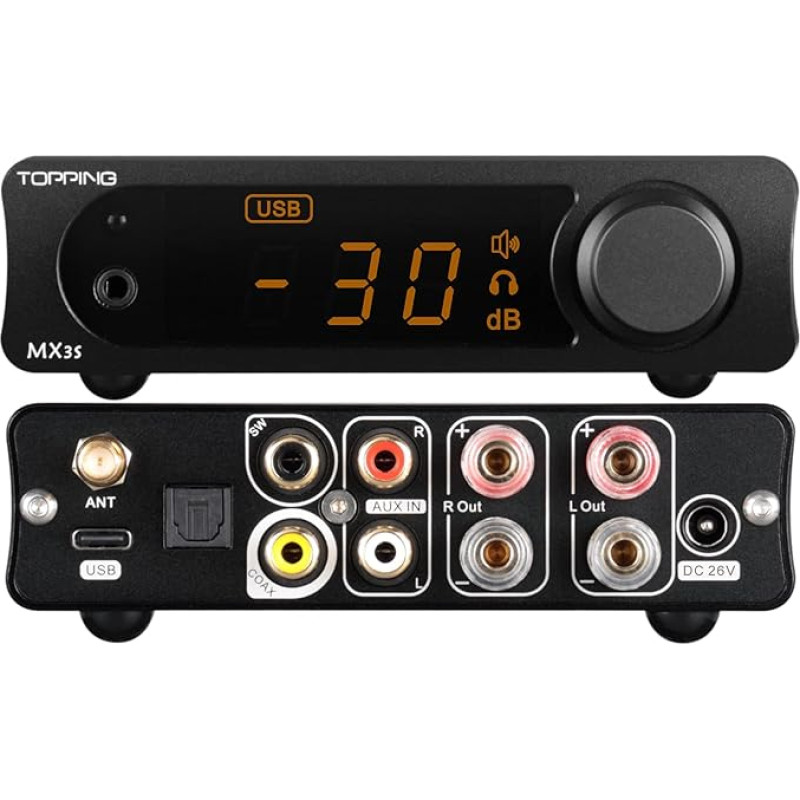 Topping MX3s Amplifier 62W x 2 Class D Power Amplifier Subwoofer Output 700mW x 2 Headphone Amplifier 24-bit/192kHz AKM USB C DAC Bluetooth Support Black