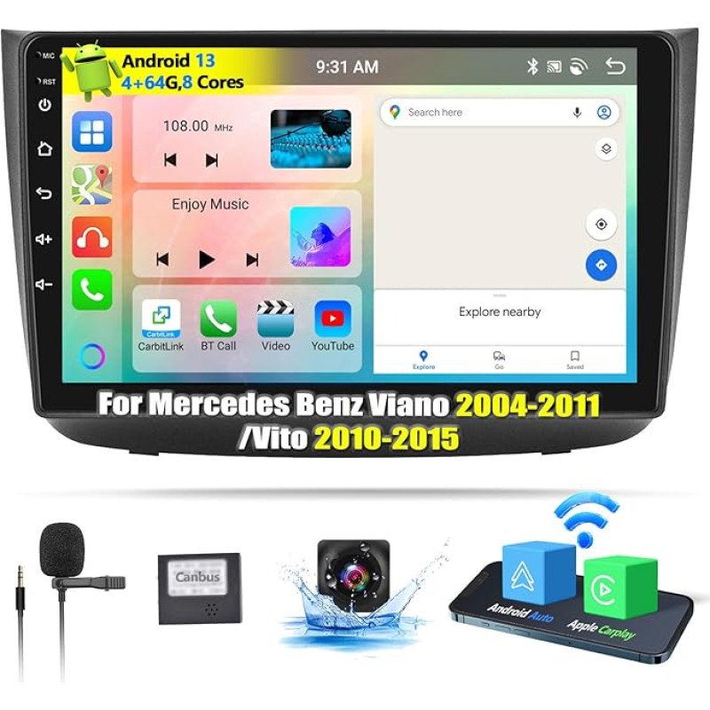 OiLiehu 4+64G 8 Core Android 13 Double DIN Radio for Mercedes Benz Viano 2004-2011/Vito 2010-2015 CarPlay Android Car Radio with Screen 10.1 Inch with Bluetooth GPS FM RDS WiFi DSP/EQ