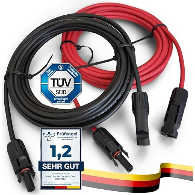ANFIL Solar Cable 6 mm² Solar Panel Extension Cable with Sockets and Plugs Including 0% VAT According to § 12 Paragraph 3 UStG (1-30 m, 6 mm²) for PV Cable Solar System Solar Panel Extension (3 m Red