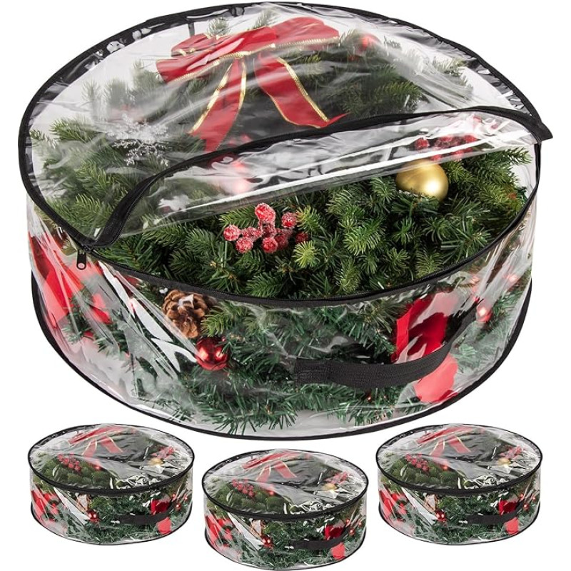 Transparente Aufbewahrungstasche für Weihnachtskranz, Girlande, wasserdicht, Weihnachtsdekoration, Ornamente, Aufbewahrungstaschen mit Reißverschlüssen und Griff, 3 Stück