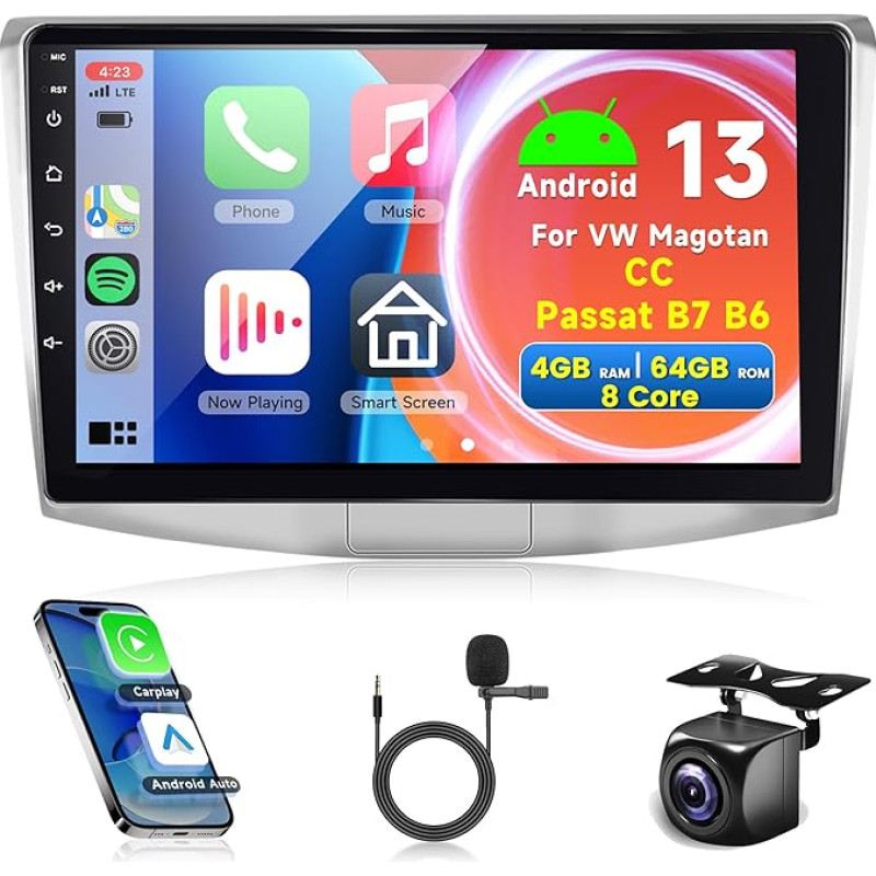 8 branduolių 4G + 64G belaidis Carplay Android 13 automobilinis radijas 2 DIN VW Magotan/CC Passat B7/B6 2010-2015 10.1 colių automobilinis radijas su Android automobiline navigacija GPS WiFi Mirror Link Bluetooth FM/RDS/EQ/SWC gale