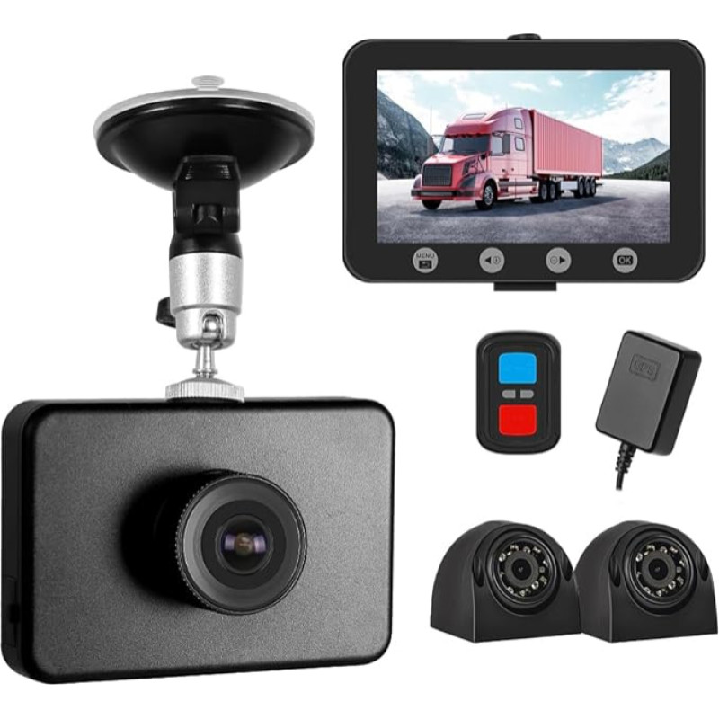 VSYSTO 3 Channel WiFi 4.5 Inch Screen Truck Camera, Waterproof Front 1080P Side 720P Camera Infrared Night Vision Lens Dash Cam, GPS, G-sensor, Loop Recording (4.5 Inches + Cameras x 3)