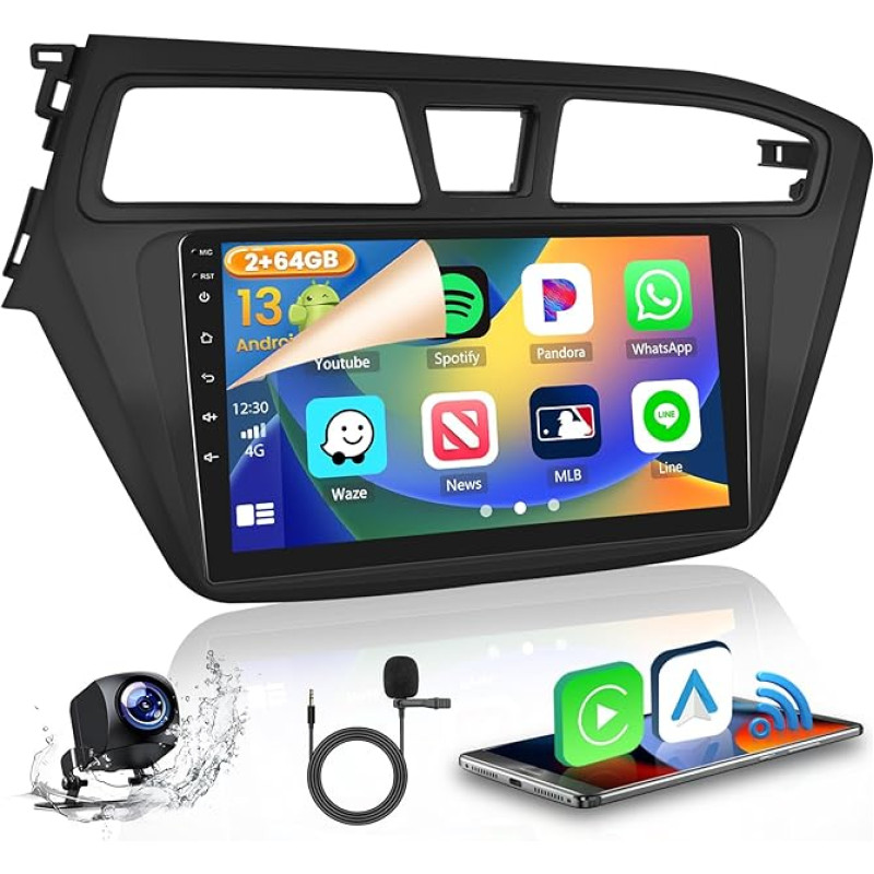 2GB + 64GB Android 13 automobilinis radijas Hyundai i20 2015-2018 Radijas Belaidis CarPlay Android automobilis Bluetooth laisvų rankų įranga 9 colių ekranas automobilinis radijas su navigacija atbulinės eigos kamera WiFi FM RDS SWC