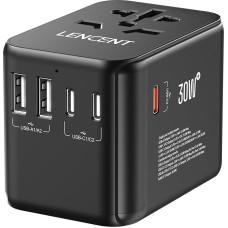 LENCENT Universal Travel Adapter GaN III 30W, International Adapter with 2 USB-A & 3 USB-C PD Quick Charge Ports, Worldwide Travel Plug for Type A/C/G/I, USA/UK/EU/AUS Sockets, Black