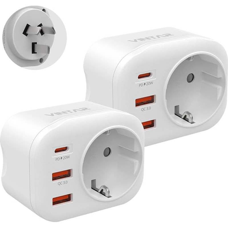 VINTAR 2PC 20W Australia Travel Adapter, 4 in 1 PD & QC 3.0 Fast Charge Plug Adapter, with 2 USB Ports and 1 USB-C Port, for Australia, Argentina, China, Type I