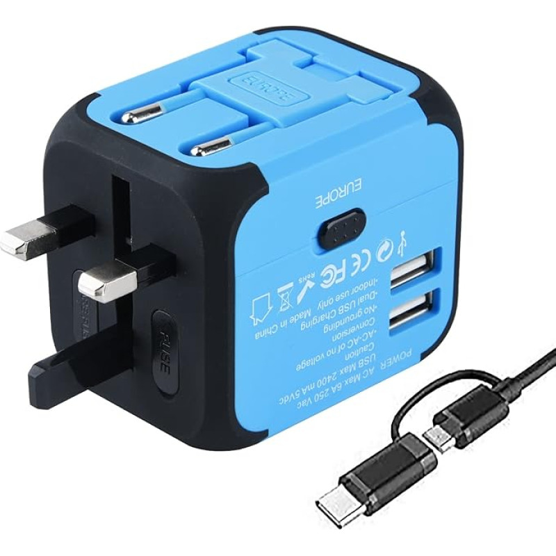 VGUARD Universal Travel Adaptor Power Supply with Double USB Ports and EU/UK/US/AU Plug Universal Charging Plug Charger Adapter Travel Adapter for Worldwide 150 Countries - Blue