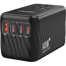 LENCENT International Travel Adapter, 140W GaN3 Universal Adapter with 3 PD3.1 Type C+1 QC USB A, Worldwide Adapter for Mobile Phones, All in One Travel Plug for EU/USA/UK/AU Sockets, Black