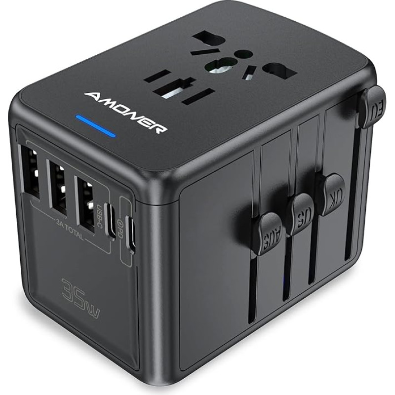 Travel Adapter, Amoner 30W Universal Travel Adapter with 8 USB Charging Ports. Suitable for More Than 180 Countries