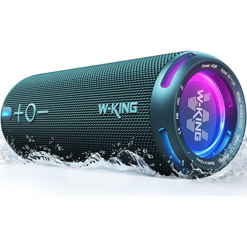 W-KING Bluetooth Speaker Box, IPX7 Music Box, Speaker Boxes, Bluetooth, Outdoor, Portable, Adapted EQ App/Thief Bass, 360° Sound with V5.3/Lights/DSP/TF/AUX, 40W Party Shower, Small Boom Box