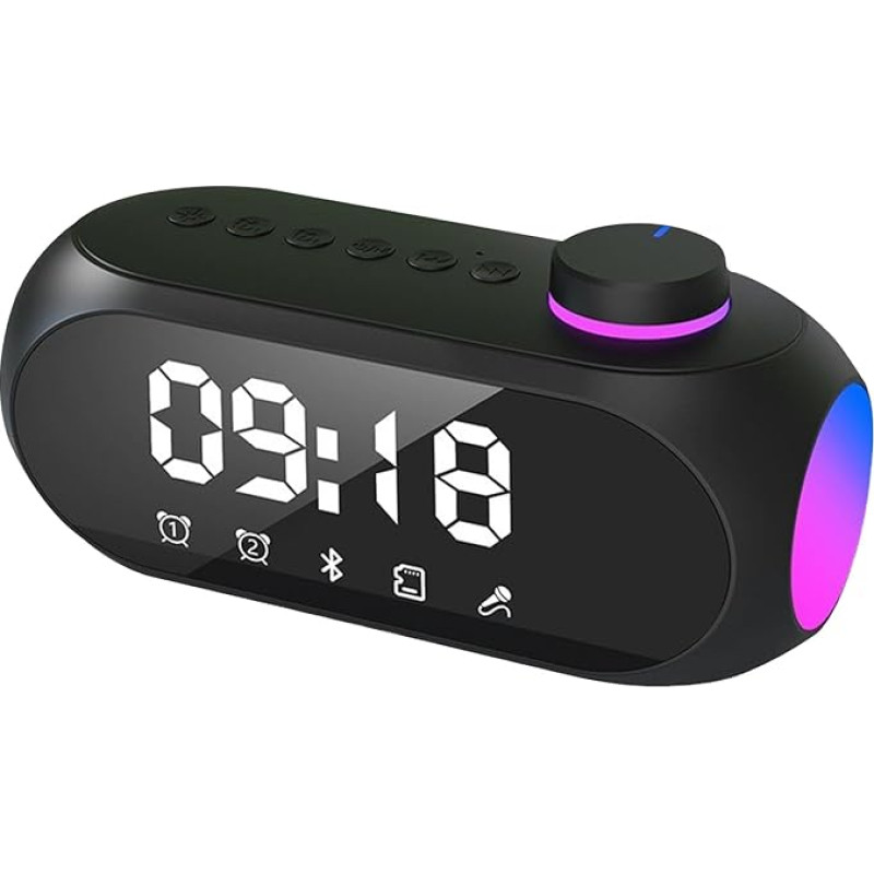 Bluetooth Speaker with RGB Light and Double Alarm Clock, Multifunctional Music Box, Portable Bluetooth Box, Dual Bass Drivers, 360° Stereo Sound, Hands-Free Function for Phone, Outdoor - Black