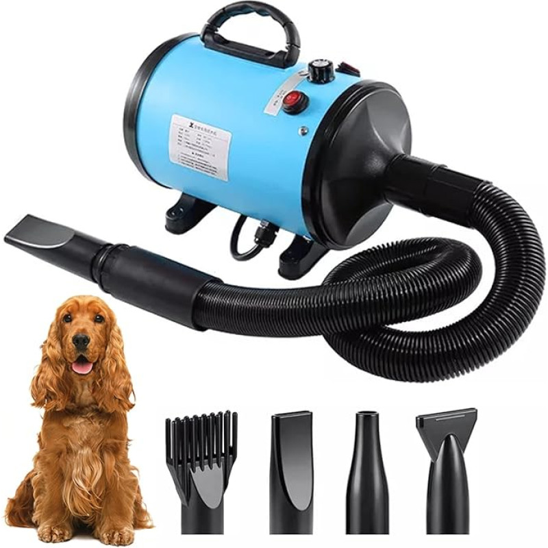 Dog Hair Dryer 2800 W Professional Hair Dryer Blower Dog Dryer Adjustable Speed Dog Hair Dryer Very Quiet Pet Dryer Pet Dog Care Dryer Fan with 4 Nozzles and Hose (Blue)