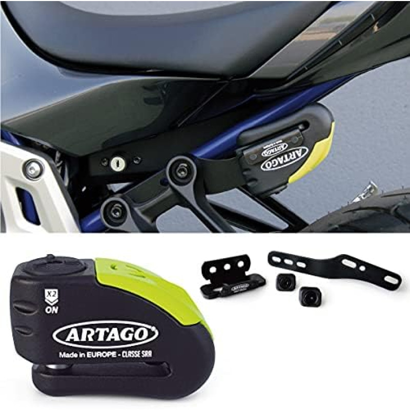 Artago 30 x 2 High-Quality Motorcycle Brake Disc Lock with Alarm Don't Touch 120 dB, Transport Bracket for Yamaha MT-07 and Tracer 700, with SRA and Sold Secure Gold Approval, Bunker Selection, 14 mm