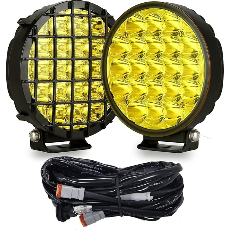 BIGLION.X Amber Round LED Off Road Lights 2 Pack 210W Yellow Spot Driving Fog Light Bar Bumper Headlight with DT Wiring Harness IP68 IP69K for Pickup Truck ATV UTV SUV