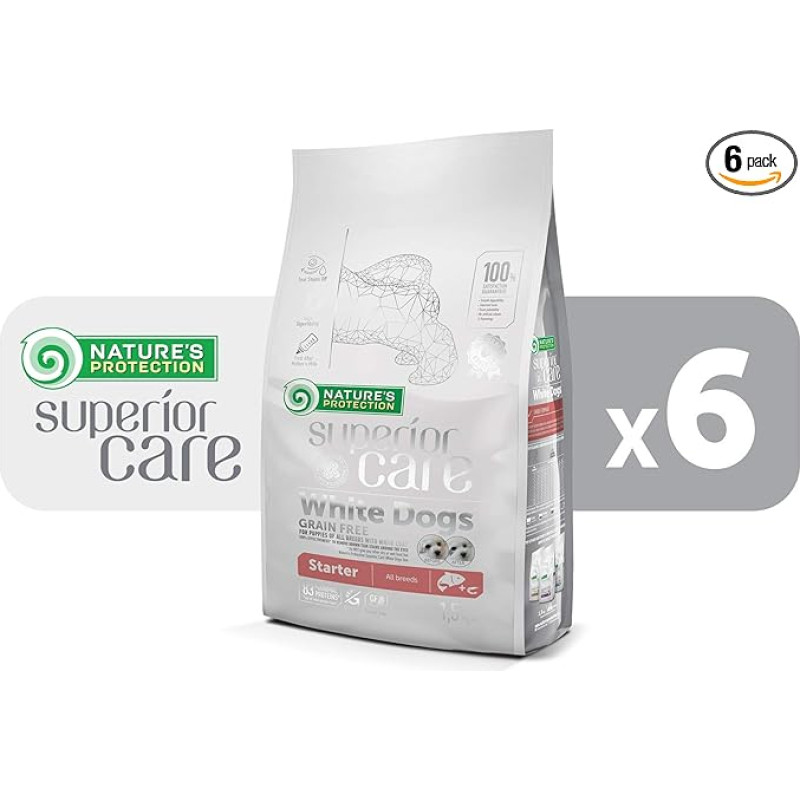 Nature's Protection Superior Care White Dogs visų veislių šunų ėdalas be grūdų su lašiša, 6 pakuotės po 1,5 kg