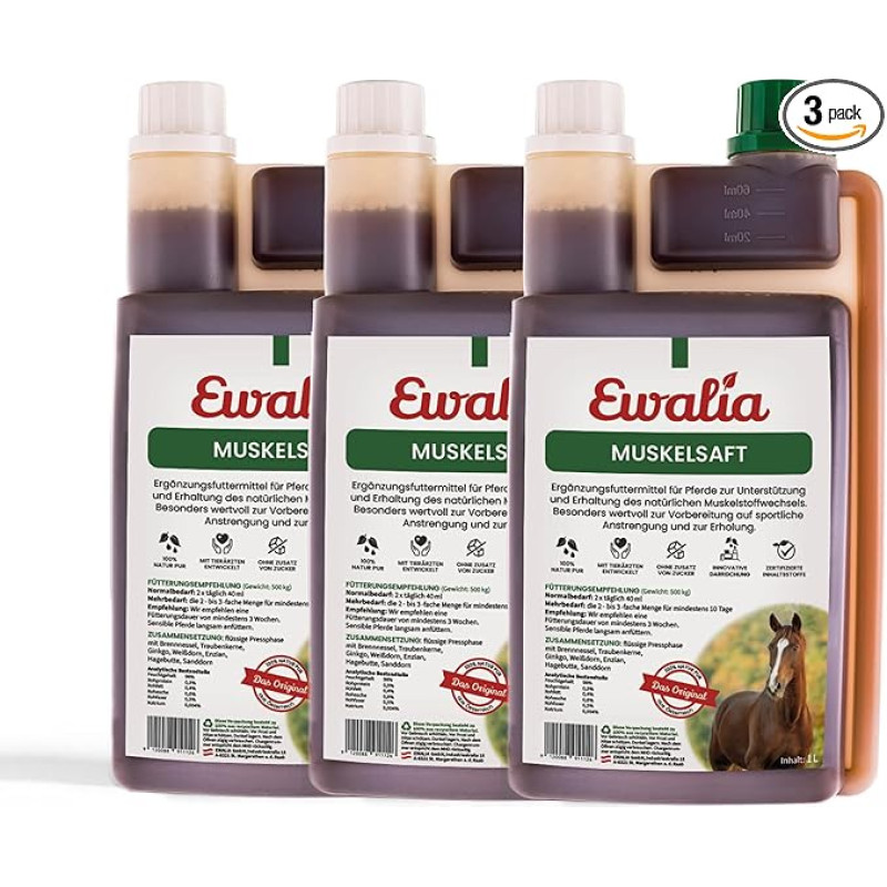 EWALIA Muscle Juice - Optimal Support for Muscle Metabolism in Horses - Natural Power for Performance & Recovery, Developed with Veterinarians, 100% Pure Natural, Free from Additives, 3 x 1 Litre