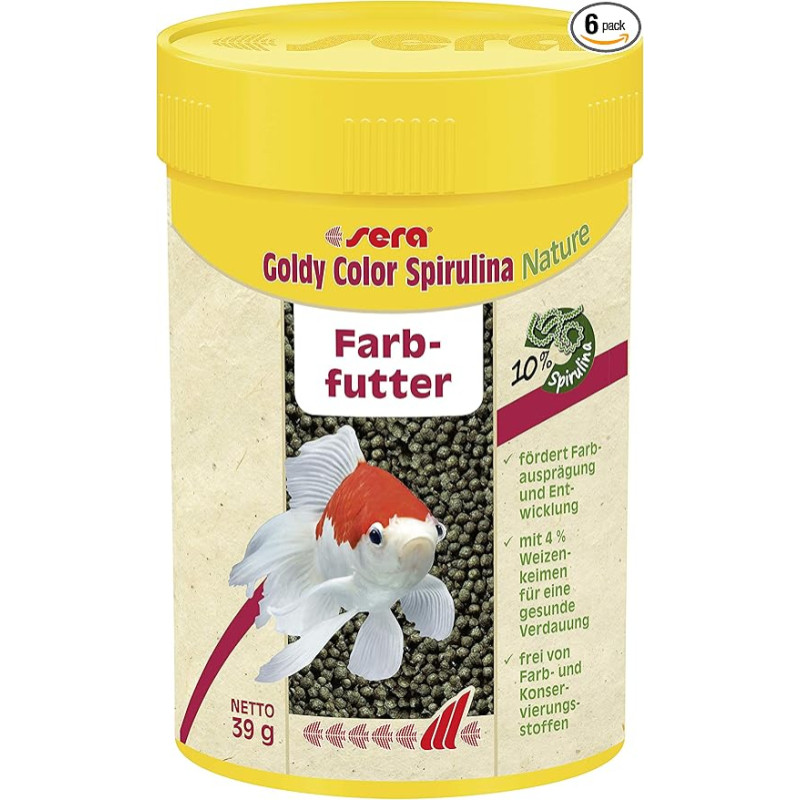 sera Goldy Colour Spirulina Nature 100 ml - spalvotas maistas auksinėms žuvelėms su 10 % spirulinos, auksinių žuvelių maistas akvariumui, pasižymintis geromis maisto savybėmis ir mažesniu dumblių kiekiu (6 vnt.)