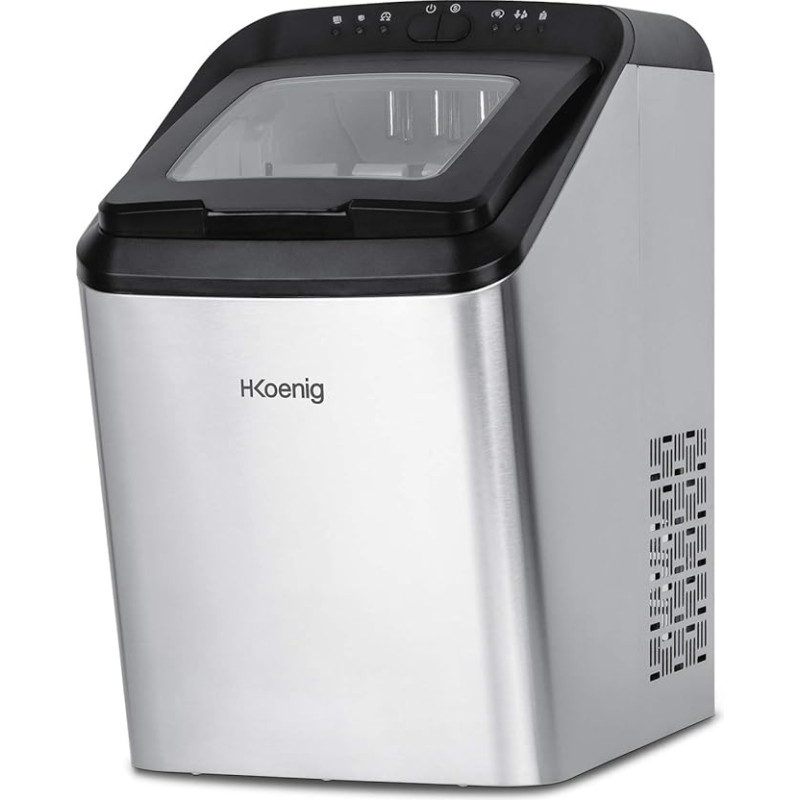 H.Koenig KBP40 Ice Cube Maker 15 kg in 24 Hours, Fast Production Time 9 Minutes, 2 Ice Cube Sizes, Water Connection Possible, Capacity 2.8 L, Stainless Steel Casing, Ice Cube Scoop