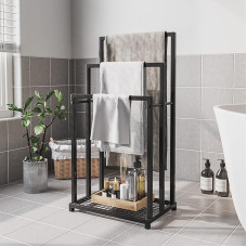 BORPHOM laisvai pastatomas rankšluosčių laikiklis, rankšluosčių laikiklis su lentyna, nerūdijanti danga, 3 pakopų metalinės kopėčios, rankšluosčių laikiklis vonios reikmenims, vonios reikmenų organizatorius vonios rankšluosčiams, vonios kambario laikiklis