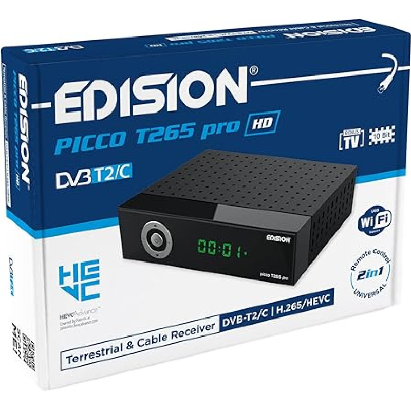 EDISION Picco T265 Pro HD antžeminis ir kabelinis imtuvas DVB-T2/C H.265 HEVC FTA Full HD, PVR, USB, HDMI, SCART, S/PDIF, IR Eye, USB WiFi palaikymas, universalus nuotolinio valdymo pultas 