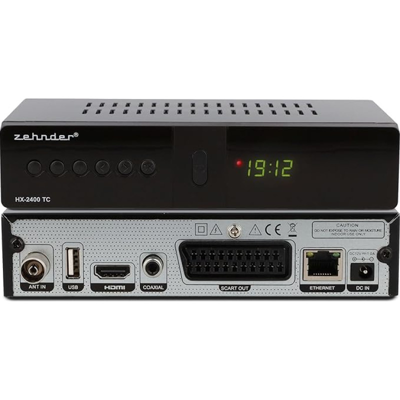 Hibridinis imtuvas ZEHNDER HX 2400 TC - DVB-C ir DVB-T2, tinkamas televizijai, įrašymas ir laiko keitimo funkcija per USB, 4 skaitmenų LED ekranas, mokomasis nuotolinio valdymo pultas, 12 V maitinimo šaltinis, Full HD 1080p