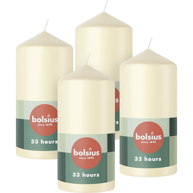 Bolsius Smooth Pillar Candles - Dramblio kaulo spalvos - 4 vnt. - 12 x 6 cm - Dekoratyvinės namų apyvokos žvakės - Degimo trukmė 33 valandos - Nekvepiančios - Sudėtyje yra natūralaus augalinio vaško - Be palmių aliejaus - Advento vainikas