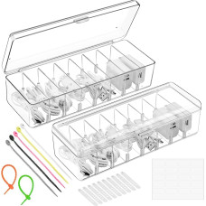 WuGU Pack of 2 Cable Storage Box, Transparent Cable Organiser Box with 8 Removable Compartments and 17 Cable Ties, Cable Management Box for Desk Storage, Office with Label Paper
