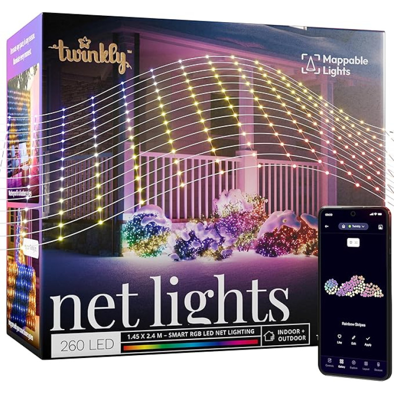 Twinkly Netzlichter, Flexibles LED-Gitter mit 260 RGB-LEDs, Lichtstreifen für Drinnen und Draußen, Kompatibel mit Alexa, Google Home, IP44, App-Steuerung, Transparentes Kabel, 1,2 m x 1,9 m