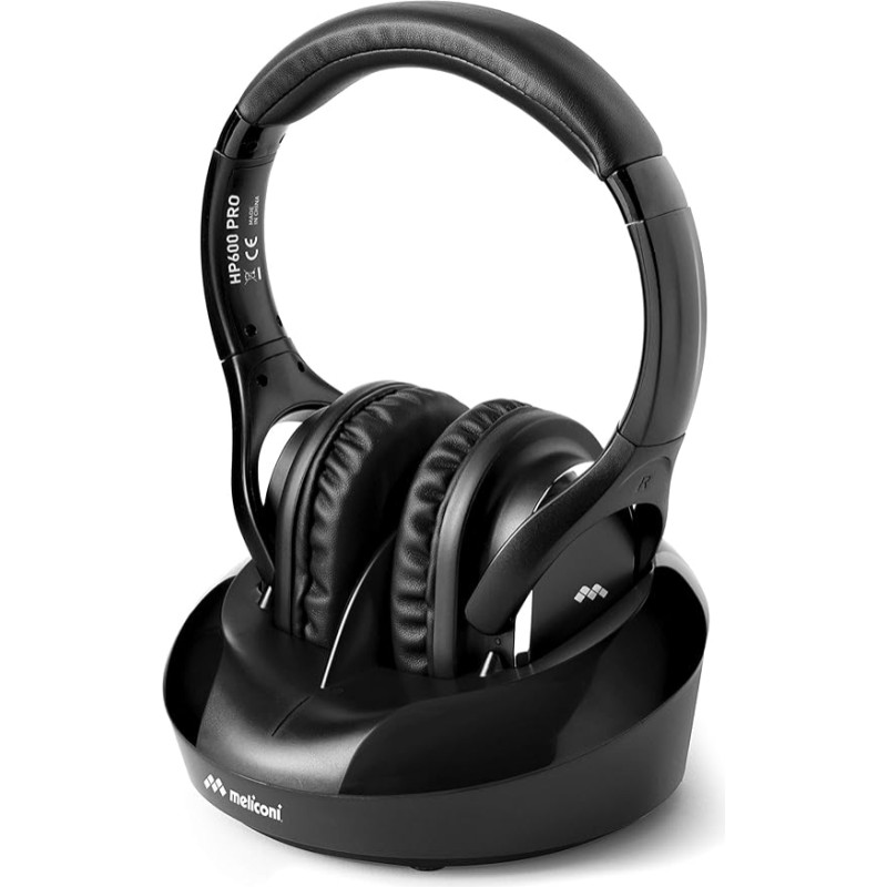 Meliconi Kopfhörer 600 PRO Funkkopfhörer Kabellos mit Ladestation bis zu 100 Meter Reichweite Automatische Frequenzsuche TOSLINK, Schwarz, Over Ear