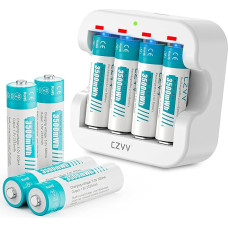 czvv Įkraunamos baterijos AA ličio 1,5 V - didelė talpa 3500 mWh - 1300 įkrovimo ciklų - 8 baterijų pakuotė su įkrovikliu, 2 val. greitas įkrovimas, pastovus galingumas, mažas savaiminis išsikrovimas