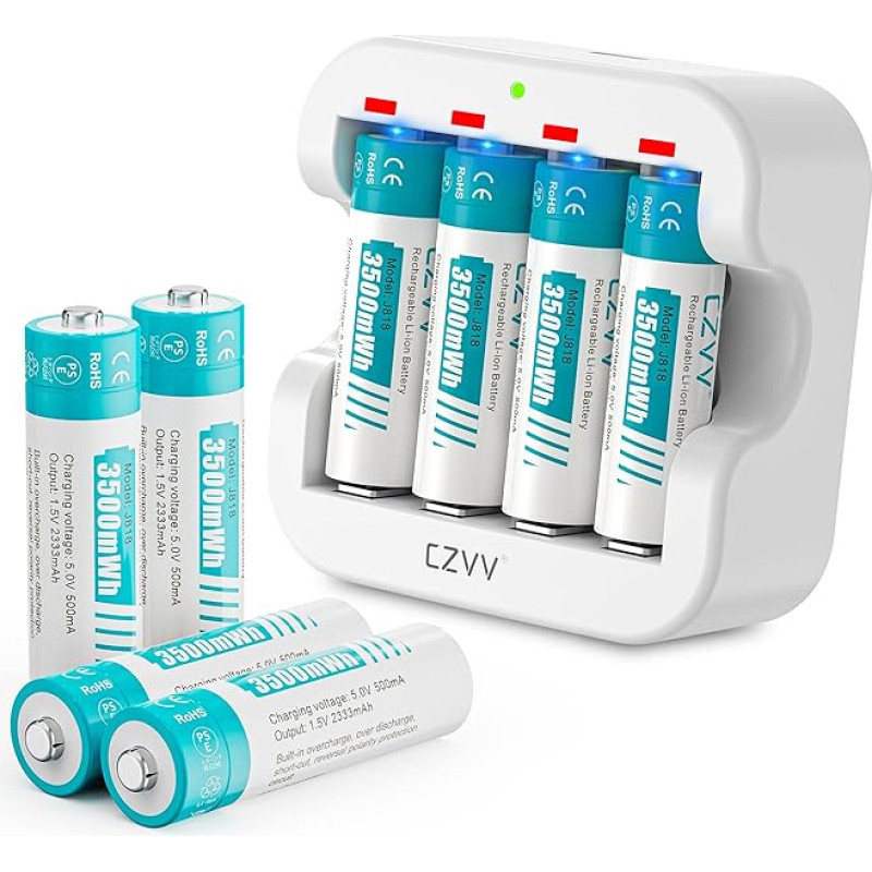 czvv Įkraunamos baterijos AA ličio 1,5 V - didelė talpa 3500 mWh - 1300 įkrovimo ciklų - 8 baterijų pakuotė su įkrovikliu, 2 val. greitas įkrovimas, pastovus galingumas, mažas savaiminis išsikrovimas