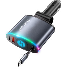 VIPIPE 162 W ištraukiamas automobilinis įkroviklis su RGB aplinkos šviesa, 3 in 1 cigarečių žiebtuvėlio USB C greitasis įkroviklis, ištraukiamas automobilinis įkroviklis iPhone 16/15 Pro Max/Galaxy/Pixel