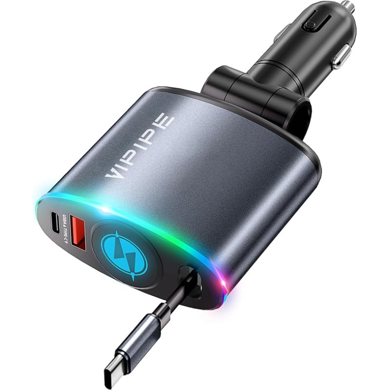 VIPIPE 162 W ištraukiamas automobilinis įkroviklis su RGB aplinkos šviesa, 3 in 1 cigarečių žiebtuvėlio USB C greitasis įkroviklis, ištraukiamas automobilinis įkroviklis iPhone 16/15 Pro Max/Galaxy/Pixel