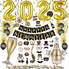 QILICZ New Year's Eve Decoration 2025, New Year's Eve Decoration Set - Photo Props, Champagne Bottle Goblet, Balloons, Happy New Year Banner, 2025 Number Foil Balloons, Swirl Set, Confetti