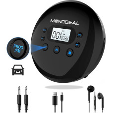MONODEAL Nešiojamasis CD grotuvas su FM siųstuvu, belaidis ryšys su automobilio garsiakalbiu, nešiojamasis CD grotuvas automobiliui, įkraunamas 